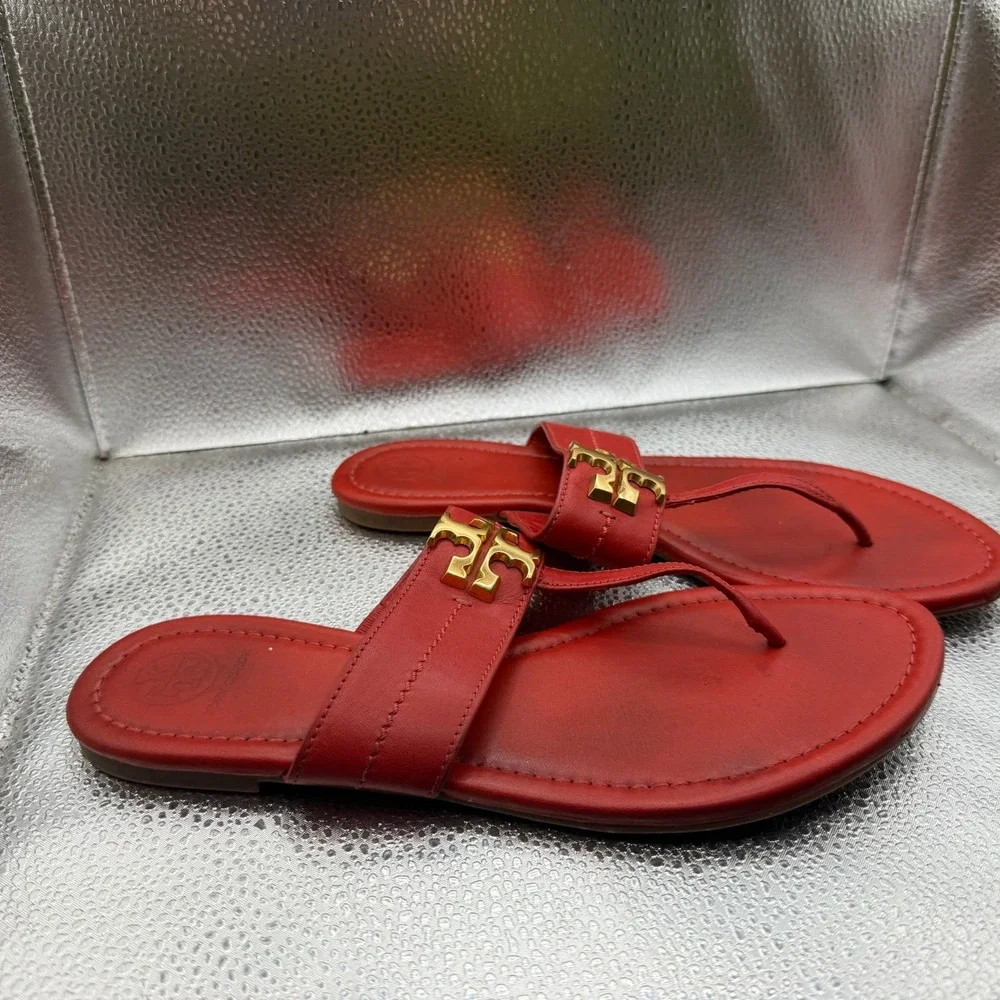 Size 8 Tory Burch Everly Womens Brilliant Red Leather Backless Flat Thong Sandal